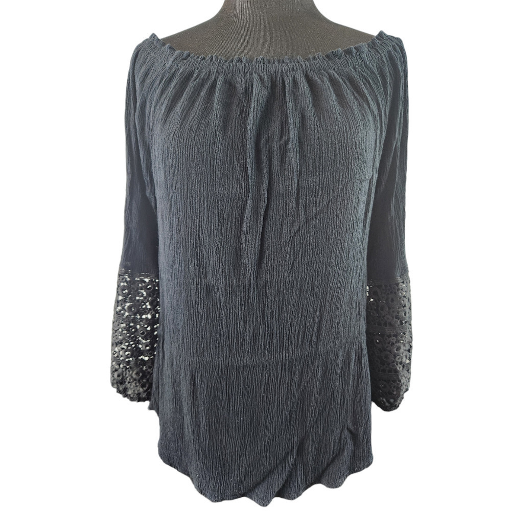 Alison‎ Andrews womens XL black long sleeve off the shoulder blouse boho hippie